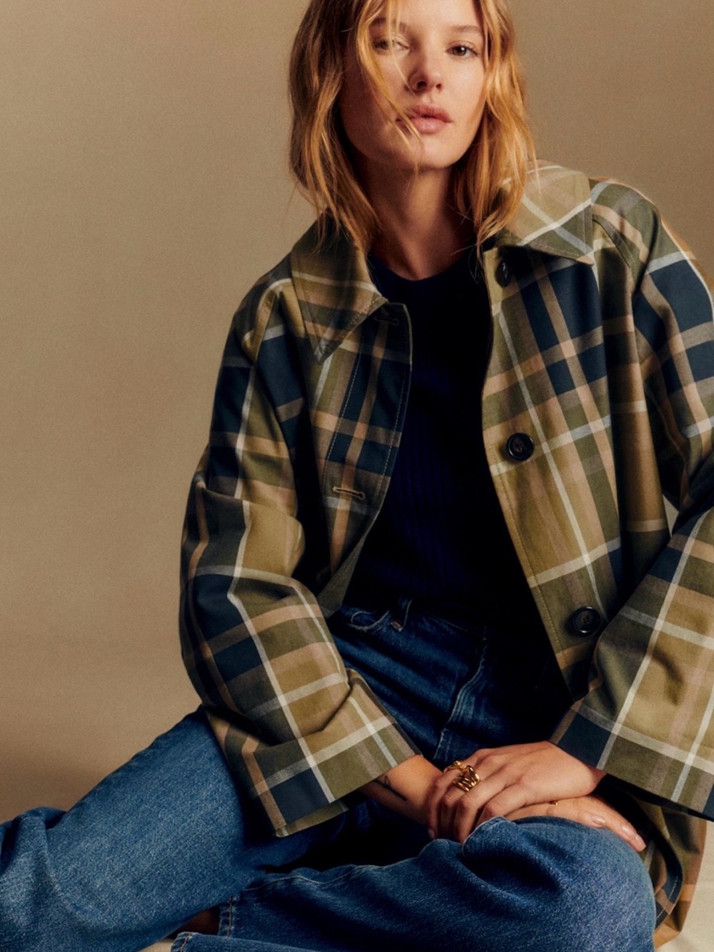 Sezane Clyde Plaid Long Trench Coat in Beige and Moss Green Checks, size 34. - Picture 2 of 10